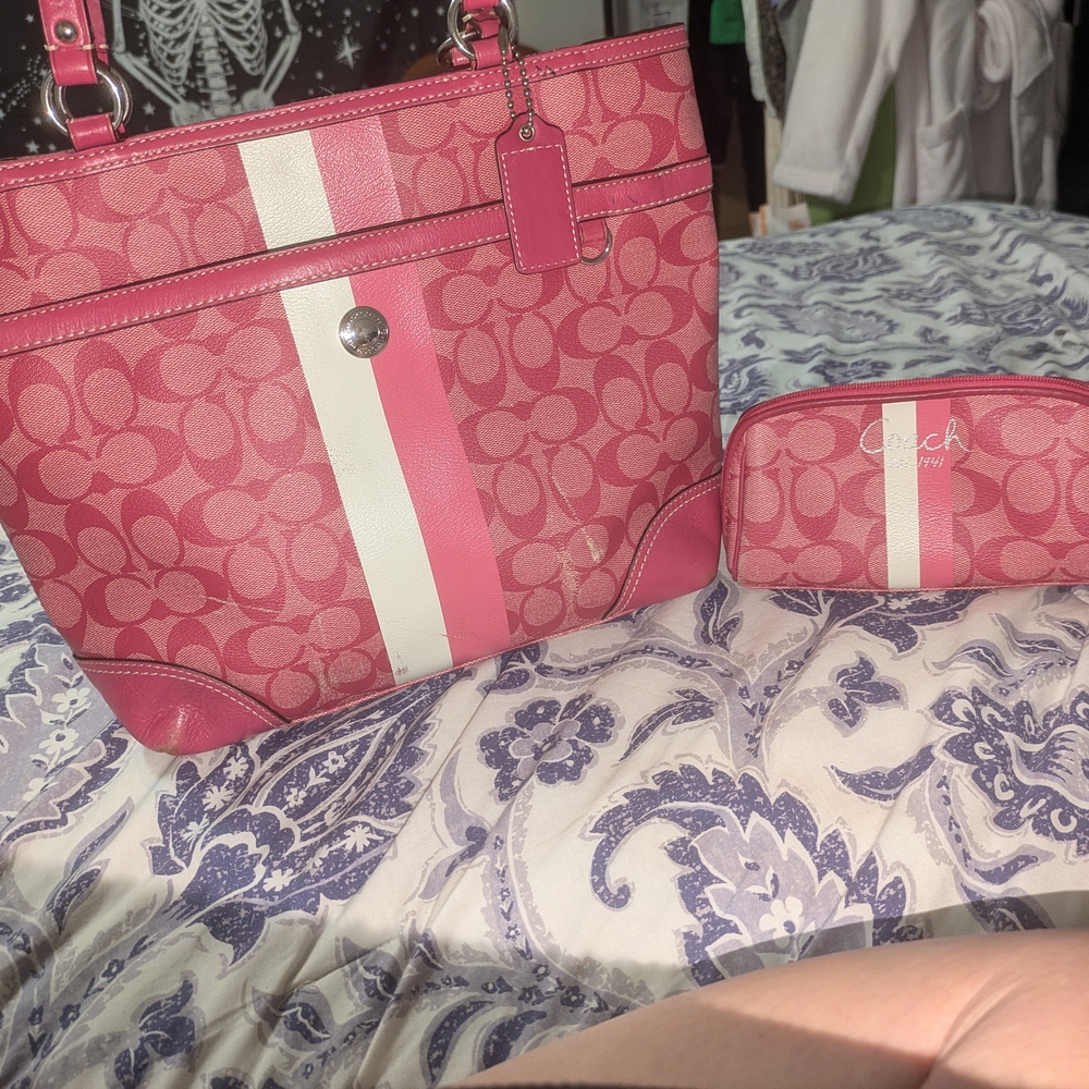 Coach Pink and White Signature Tote Bag Set